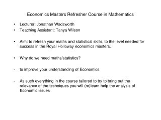 Economics Masters Refresher Course in Mathematics