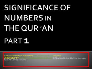 SIGNIFICANCE OF NUMBERS IN THE QUR ’ AN PART 1