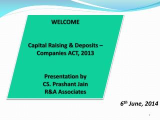 WELCOME Capital Raising &amp; Deposits – Companies ACT, 2013 Presentation by CS. Prashant Jain
