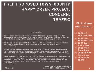 FRLP Proposed town/county happy creek project: Concern: Traffic