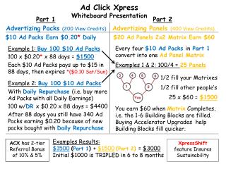 Example 1: Buy 100 $10 Ad Packs 100 x $0.20 * x 88 days = $1500