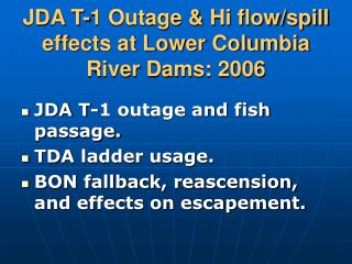 JDA T-1 Outage &amp; Hi flow/spill effects at Lower Columbia River Dams: 2006