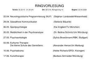 RINGVORLESUNG Termin: Di 20:15 - 21.30 Uhr 	 Ort: SE 219, Röntgenring 10	 Beginn: 22.04.2008