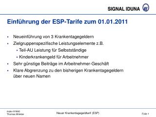 Einführung der ESP-Tarife zum 01.01.2011