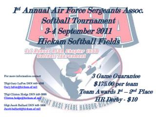 3 Game Guarantee $175.00 per team Team Awards 1 st – 2 nd Place HR Derby - $10