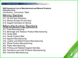 2002 Numerical List of Manufactured and Mineral Products Publication Parts: