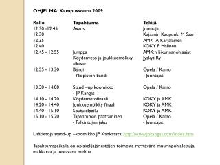 OHJELMA: Kampussoutu 2009 Kello		Tapahtuma		Tekijä		 12.30 -12.45	Avaus			Juontajat