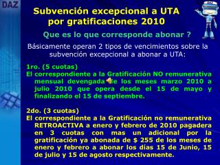 Subvención excepcional a UTA por gratificaciones 2010