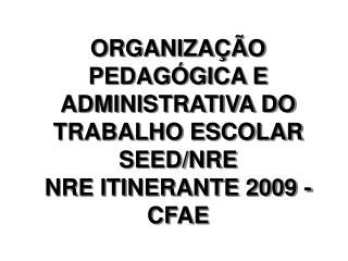ORGANIZAÇÃO PEDAGÓGICA E ADMINISTRATIVA DO TRABALHO ESCOLAR SEED/NRE NRE ITINERANTE 2009 - CFAE