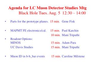 Agenda for LC Muon Detector Studies Mtg 	Black Hole Tues. Aug. 5 12:30 – 14:00