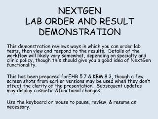 NEXTGEN LAB ORDER AND RESULT DEMONSTRATION