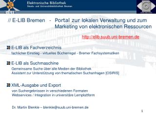 E-LIB als Fachverzeichnis fachlicher Einstieg - virtuelles Bücherregal - Bremer Fachsystematiken