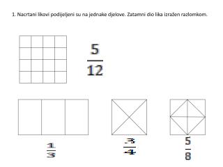 1. Nacrtani likovi podijeljeni su na jednake djelove. Zatamni dio lika izražen razlomkom.