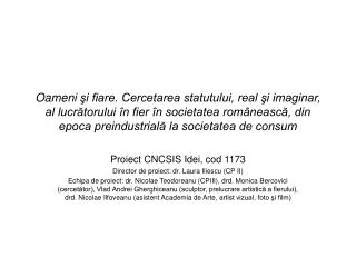 Proiect CNCSIS Idei, cod 1173 Director de proiect: dr. Laura Iliescu (CP II)