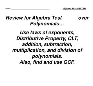 Review for Algebra Test over Polynomials…