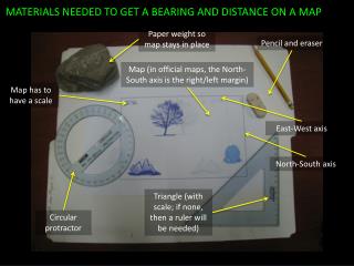 MATERIALS NEEDED TO GET A BEARING AND DISTANCE ON A MAP