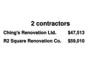 2 contractors Ching’s Renovation Ltd.		$47,513 R2 Square Renovation Co.	$59,010