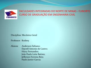 Disciplina: Mecânica Geral Professor: Rodney Alunos: Anderson Fabiano;