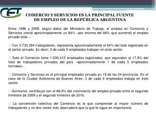 COMERCIO Y SERVICIOS ES LA PRINCIPAL FUENTE DE EMPLEO DE LA REPÚBLICA ARGENTINA