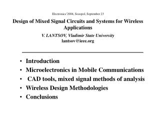 Introduction Microelectronics in Mobile Communications