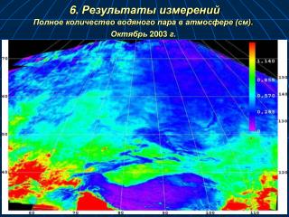 Полное количество водяного пара в атмосфере (см). Октябрь 2003 г.