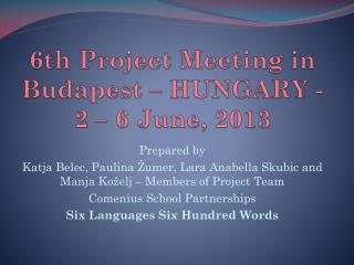 6th Project Meeting in Budapest – HUNGARY - 2 – 6 June, 2013