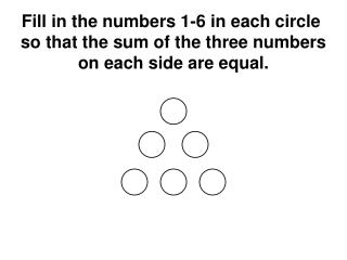 Fill in the numbers 1-6 in each circle so that the sum of the three numbers