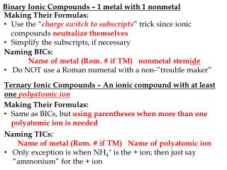 Binary Ionic Compounds – 1 metal with 1 nonmetal