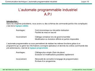 L’automate programmable industriel A.P.I