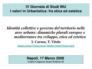 IV Giornata di Studi INU I valori in Urbanistica: fra etica ed estetica