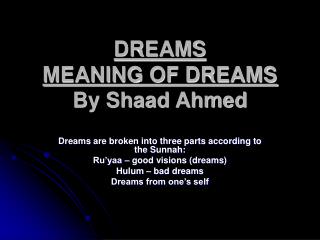 DREAMS MEANING OF DREAMS By Shaad Ahmed