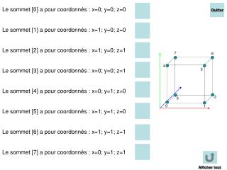 Le sommet [0] a pour coordonnés : x=0; y=0; z=0 Le sommet [1] a pour coordonnés : x=1; y=0; z=0