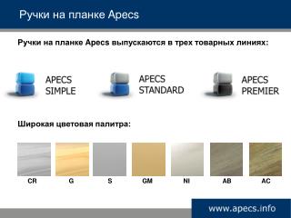 Ручки на планке Apecs выпускаются в трех товарных линиях :