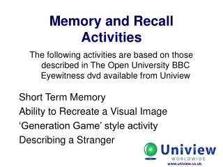 Memory and Recall Activities