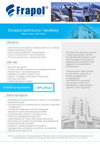 Doradca techniczno- handlowy Miejsce pracy: cała Polska