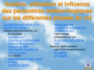 Gestion, utilisation et influence des paramètres météorologiques sur les différentes phases du vol