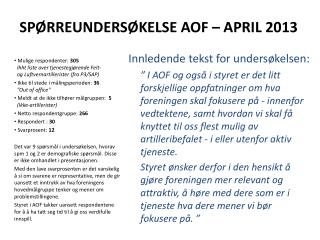 SPØRREUNDERSØKELSE AOF – APRIL 2013