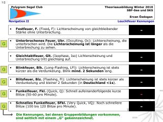 Festfeuer, F. (Fixed , F): Lichterscheinung von gleichbleibender Stärke ohne Unterbrechung.