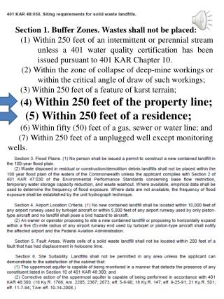 Section 1. Buffer Zones. Wastes shall not be placed: