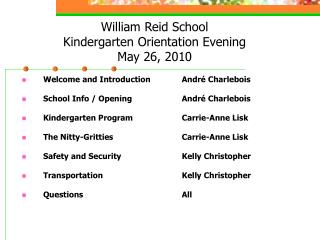 William Reid School Kindergarten Orientation Evening May 26, 2010