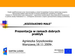 Prezentacja w ramach dobrych praktyk Agnieszka Szyszkowska Warszawa,18.11.2009r.
