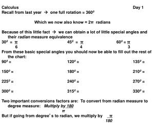 Calculus							Day 1 Recall from last year  one full rotation = 360 0