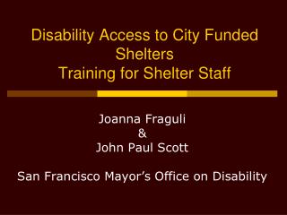 Disability Access to City Funded Shelters Training for Shelter Staff