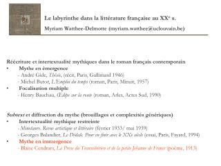 Réécriture et intertextualité mythiques dans le roman français contemporain Mythe en émergence