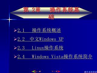 2.1 操作系统概述 2.2 中文 Windows XP 2.3 Linux 操作系统 2.4 Windows Vista 操作系统简介