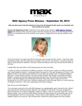 MAX Agency Press Release – September 30, 2014
