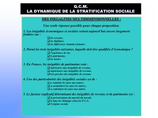 Q.C.M. LA DYNAMIQUE DE LA STRATIFICATION SOCIALE