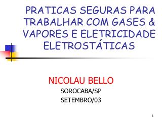 PRATICAS SEGURAS PARA TRABALHAR COM GASES &amp; VAPORES E ELETRICIDADE ELETROSTÁTICAS