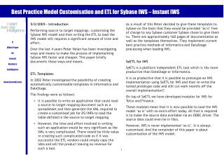 Best Practice Model Customisation and ETL for Sybase IWS – Instant IWS