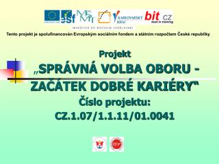 Projekt „ SPRÁVNÁ VOLBA OBORU - ZAČÁTEK DOBRÉ KARIÉRY“ Číslo projektu: CZ.1.07/1.1.11/01.0041